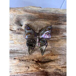 Vintage Alpaca Silver Butterfly Brooch With Iridescent Abalone Shell Inlay